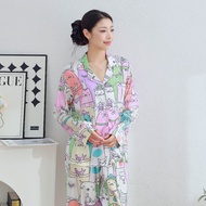 Long-Sleeved Cute Comic Print Pajama Set - 2 Piece Ice Silk Women's Homewear