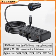 142W Car Fast Charger With 1-meter Power Cord+0.8-meter Type-c Extension Cable+LED Voltage Display S