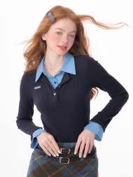 ziziFei秋冬美式復古設計感喇叭袖假兩件上衣修身polo領針織衫女