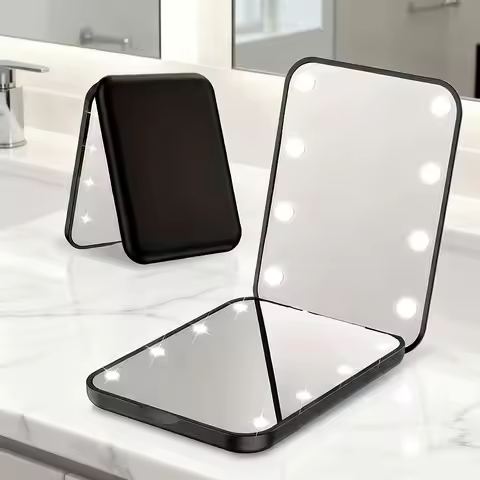 1X/3X LED Pocket Makeup Mirror, Foldable with 8 Bright LED Lights, Plastic Frame, Compact for Travel