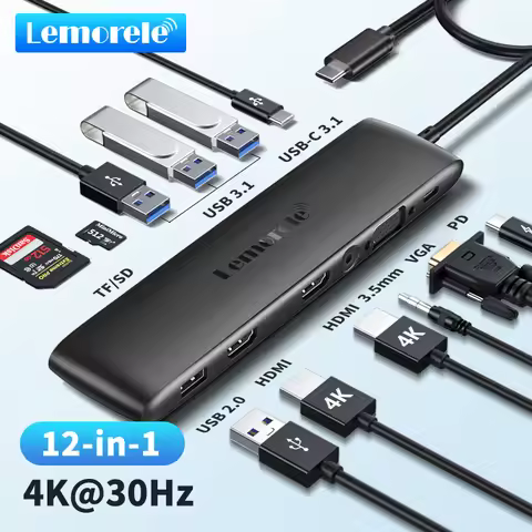Lemorele TC97 USB Hub USB 3.1 Docking Station USBC to Dual HDMI 4K 10Gpbs Type-C 100W Adapter VGA Ty