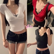 Rita ️Women's Short-Sleeved T-Shirt Crop Top Tight Fit Stretch Fabric Sexy Solid Color Fashion V-Nec