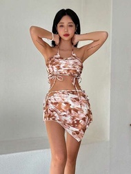 DAZY Mujeres Conjunto De Traje De Baño Con Blusa Halter Y Fondo Abullonado Estampado Y Falda Cubre Bañador Para Playa, Verano, Luna De Miel, Viaje, Vacaciones, Piscina