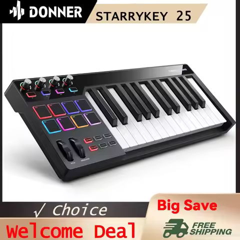 Donner STARRYKEY MIDI Keyboard Controller, 25 Keys, 7-Color Lighting, Backlit Pads, MIDI Out & Pedal