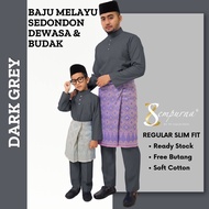 BAJU MELAYU SEMPURNA 2025 SLIM FIT COTTON DARK GREY SEPASANG DEWASA & BUDAK - BAJU RAYA (C004BM) BMC