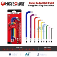 MAXPOWER LONG HEX KEY SET 1.5-10MM SET 9 PCS – COLOR CODED LONG HEX KEY SET