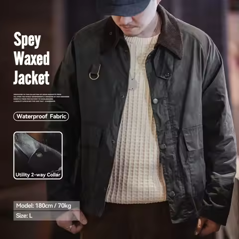 Maden Vintage Spey Waxed Fishing Jacket Distressed Outdoor Corduroy Collar with Pockets Coat for Men