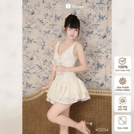 SA Khiet Style flared tiered dress made of sparkling cream floral silk, sweet and seductive Style KD