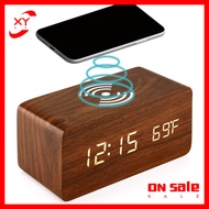 XY Wooden Digital Alarm Clock 3 Alarms Led Display Wireless Charging Electronic Alarm Clock For Bedroom Bedside Office