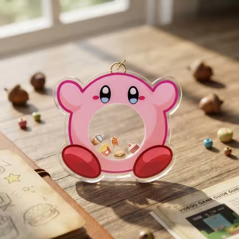 Kirby Round Shape Food Theme Shaker Acrylic Keychain Gold Hook Cute Fast Food Charms Bag Decor Ornam