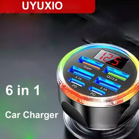 UYUXIO USB C Car Charger Adapter 6 in 1 with Volt Meter Multi Port Super Fast Charge with Voltage Di