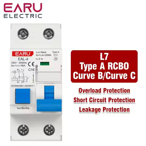 2P AC230V 20A/25A/32A 30mA L7-Architecture Type A MCB RCBO Leakage Protection Curve B/C Tripping Cha