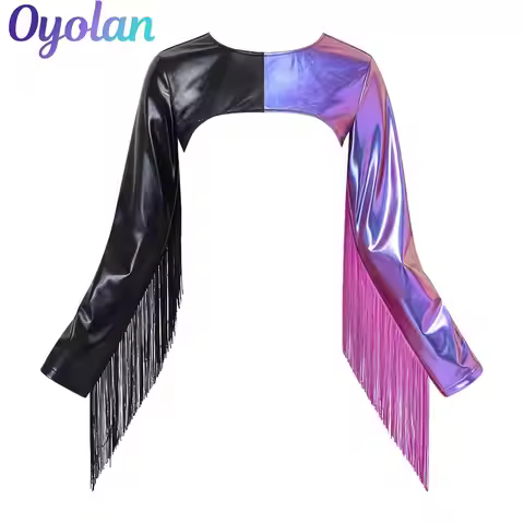 Women Long Tassel PU Leather Crop Shrug Jacket Tops Metallic Shiny Crew Neck Crop T-shirt Fringed Bo