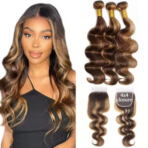P4/27 Highlight Body Wave Human Hair Bundles with Closure 12A Brazilian Remy 3 Bundles with 4x4 Lace