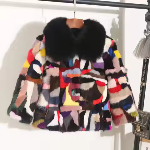 Genuine real natural mink fur coat with fox fur collar women's fashion multi-color colorful winter j