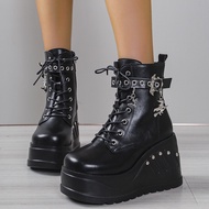 Y2K Women's Short Boots Thick Heel Wedge Zipper Shoes High Heels Platform 10CM