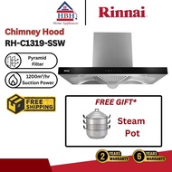 (FREE DELIVERY) Rinnai 90cm RH-C1319-SSW 1,200m3/hr 3 Speed Pyramid Filter LED Touch Chimney Cooker 