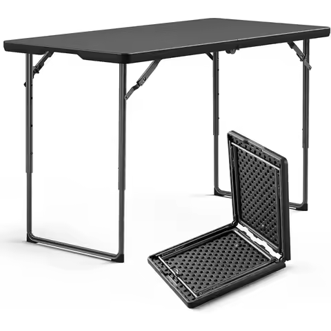 Heavy-Duty 4ft Folding Table Adjustable Height Portable Utility Tables Steel Legs Fold-in-Half Plast