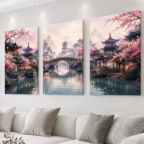 DIY Diamond Art Diamond Painting Cross Stitch Architectural Triptych Cherry Blossoms Rivers Landscap