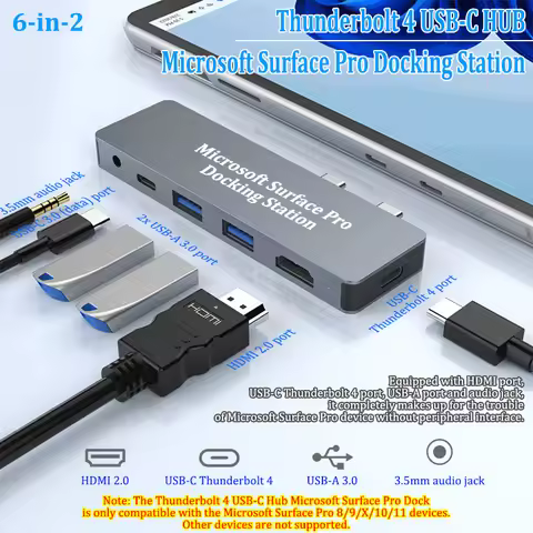 Dual USB-C Hub for Microsoft Surface Pro 11/10/X/9/8 Adapter Surface Pro Docking Station with Thunde