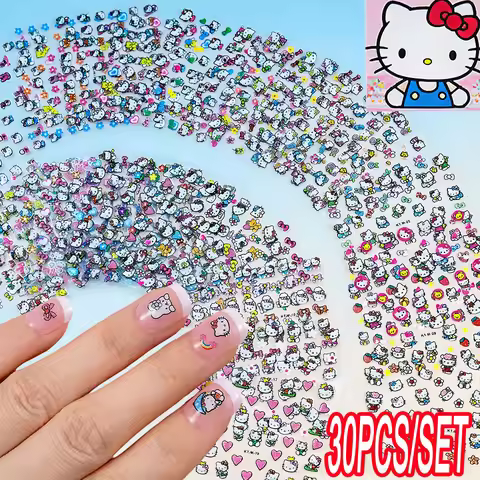 30pcs/set 3D Cartoon Hello Kitty Nail Art Stickers With Glitters Lovely Kitty Nail Decal Decorations