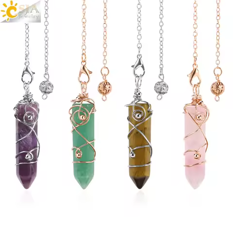 CSJA Natural Stone Hexagonal Pendulum for Dowsing Divination Tiger eye Amethysts Esoterics Radiesthe