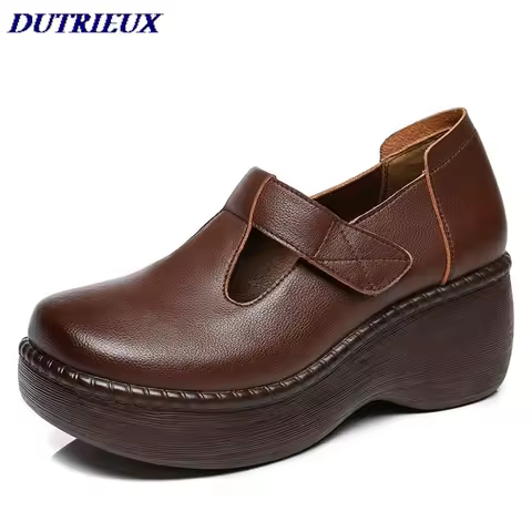 2025 Handmade Retro Style Women Platform Shoes Spring Summer Genuine Cow Leather Wedges Heel Shallow