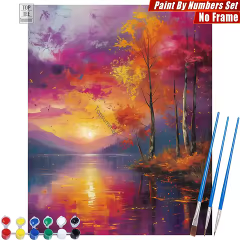 Sunset lake reflection Paint By Numbers Kit - Landscape dreamy colorful Family Gatherings Mother'S D