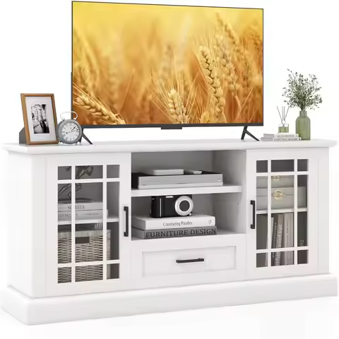 farmhouse tv stand for tv up to 70 inch, tall media console table with 2 glass doors, entertainment 
