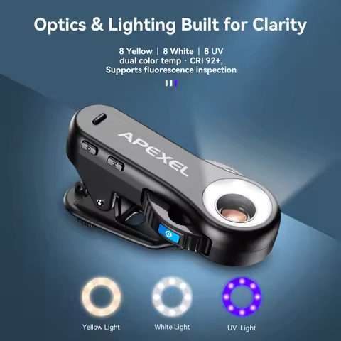 APEXEL 40X/80X/120X Jewelry Lens All in 1 Microscope Triscope Lens with LED Lights/Universal Clip fo