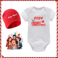 Christmas Ootd for Baby Girl Boy 0 3 6 9 12 18 Month Newborn Printed Onesie Customized Name Red Hat 