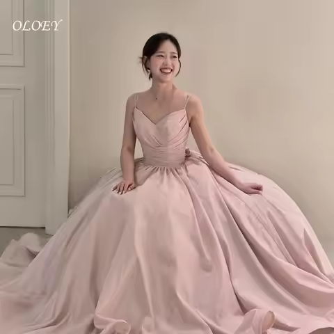 OLOEY Customized Satin Korea Wedding Dresses A-Line Spaghetti Straps Sleeveless Bridal Gown Korea We