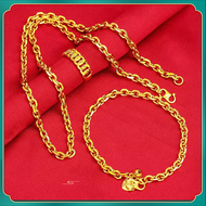 MY Jewellery 3 In 1 Set Original 916 Gold Malaysia Necklace Men's Chain Bracelet Ring Set Fashion Jewelry Set 24k Korean Gold Chain Rantai Leher Emas 916 Lelong Gelang Tangan Cincin 1 Set Not Fade