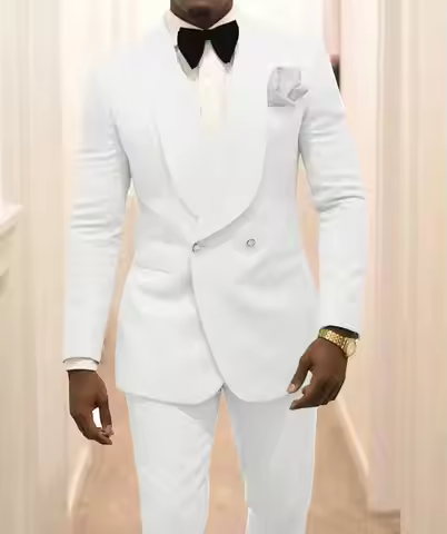 Custom Made Groomsmen White Pattern Groom Tuxedos Shawl Lapel Men Suits 2 Pieces Wedding Best Man ( 