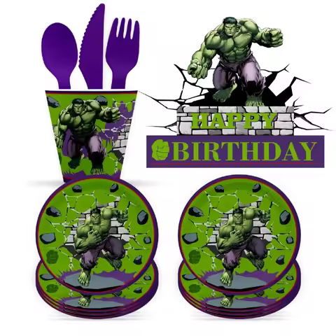 Disney Marvel Hulk Theme Chliden Birthday Party Paper Cup Paper Plate Cake Flag Brooch Disposable De