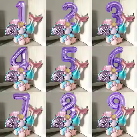 1-9th Birthday Mermaid Shell Balloon Set, 32 Inch Oversized Purple Digital Aluminum Foil Balloons, B