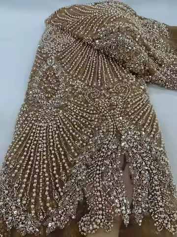 1 yards African Handmade Beaded Lace Fabric 2026 France Sequins Nigerian Embroidery Bridal Mesh for 