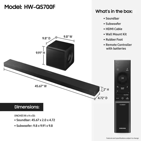 Samsung Q-Series Soundbar HW-QS700F 3.1.2 ch Subwoofer Convertible Fit, Wireless Dolby Atmos, Q-Symp