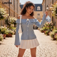 Lovito Blaus Kasual Corak Berjalur Kancing Ruffle Blaus untuk Wanita L61AD024 (Multi-warna)