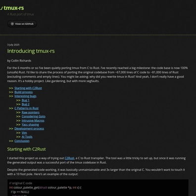 開發者完成三個月手動移植 tmux:將 65,000 行 C 程式碼轉換為 40,000 行 Rust 程式碼