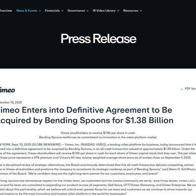 Bending Spoons Memperoleh Vimeo dengan Harga 1.38 Bilion Dolar, Menimbulkan Kebimbangan Terhadap Rekod Prestasi Syarikat