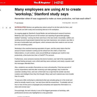 เนื้อหา "Workslop" ที่สร้างด้วย AI ทำให้บริษัทสูญเสียผลิตภาพ 186 ดอลลาร์สหรัฐต่อพนักงานต่อเดือน