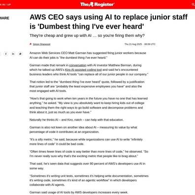 CEO AWS gọi việc AI thay thế nhân viên mới vào nghề là "Điều ngu ngốc nhất từng thấy" khi ngành công nghệ tranh luận về tương lai của các vị trí cấp độ đầu