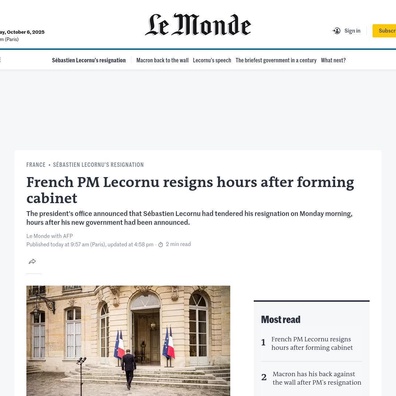 Perdana Menteri Perancis Lecornu Mencipta Rekod Sebagai Perdana Menteri Berkhidmat Paling Singkat, Meletak Jawatan Selepas Hanya 27 Hari