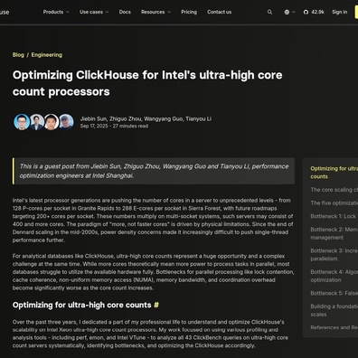 ClickHouse đạt được khả năng mở rộng gần như tuyến tính trên bộ xử lý 288 nhân của Intel thông qua tối ưu hóa bộ nhớ