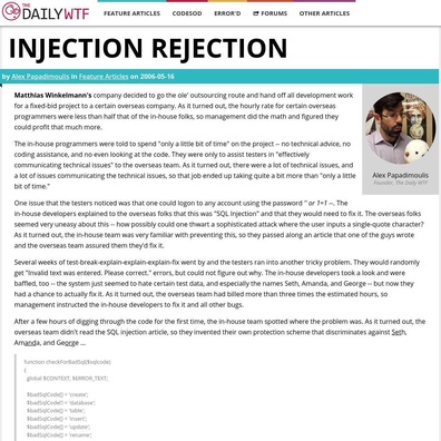 Overseas Development Team's DIY SQL Injection Fix Blocks Users Named Seth, Amanda, and George