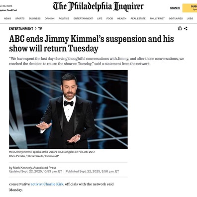 การจัดการเหตุการณ์การพักงานของ Jimmy Kimmel โดย ABC ถูกวิพากษ์วิจารณ์จากทุกฝ่าย