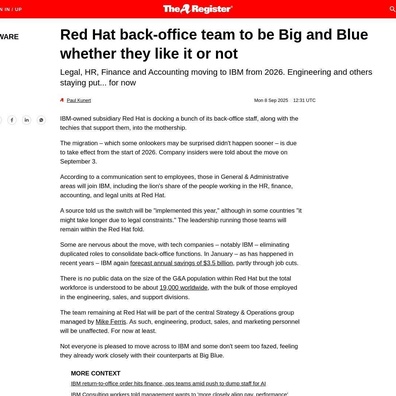 IBM เริ่มรวมทีมงานสำนักงานใหญ่ของ Red Hat ขณะที่ฝ่ายวิศวกรรมยังคงแยกต่างหากในตอนนี้