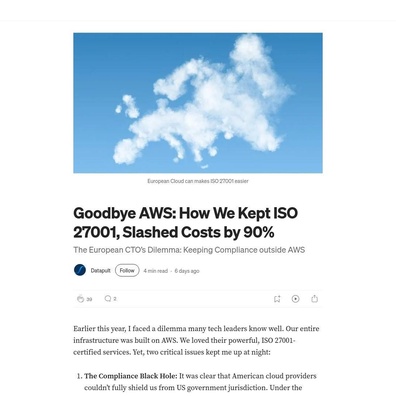 บริษัทเดนมาร์กลดต้นทุน Cloud 90% จากการย้ายจาก AWS ไปยังผู้ให้บริการยุโรป พร้อมรักษามาตรฐาน ISO 27001