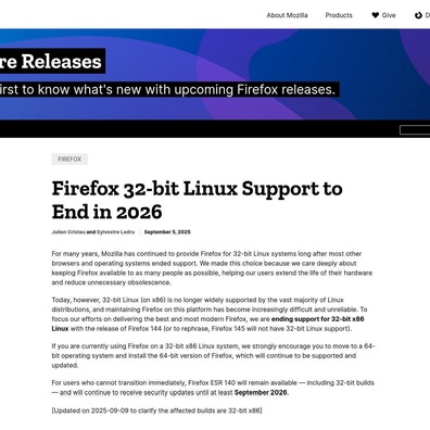 Mozilla ยุติการสนับสนุน Firefox 32-bit บน Linux ในปี 2026 จุดประกายการถ่ายเถียงเรื่องฮาร์ดแวร์รุ่นเก่า